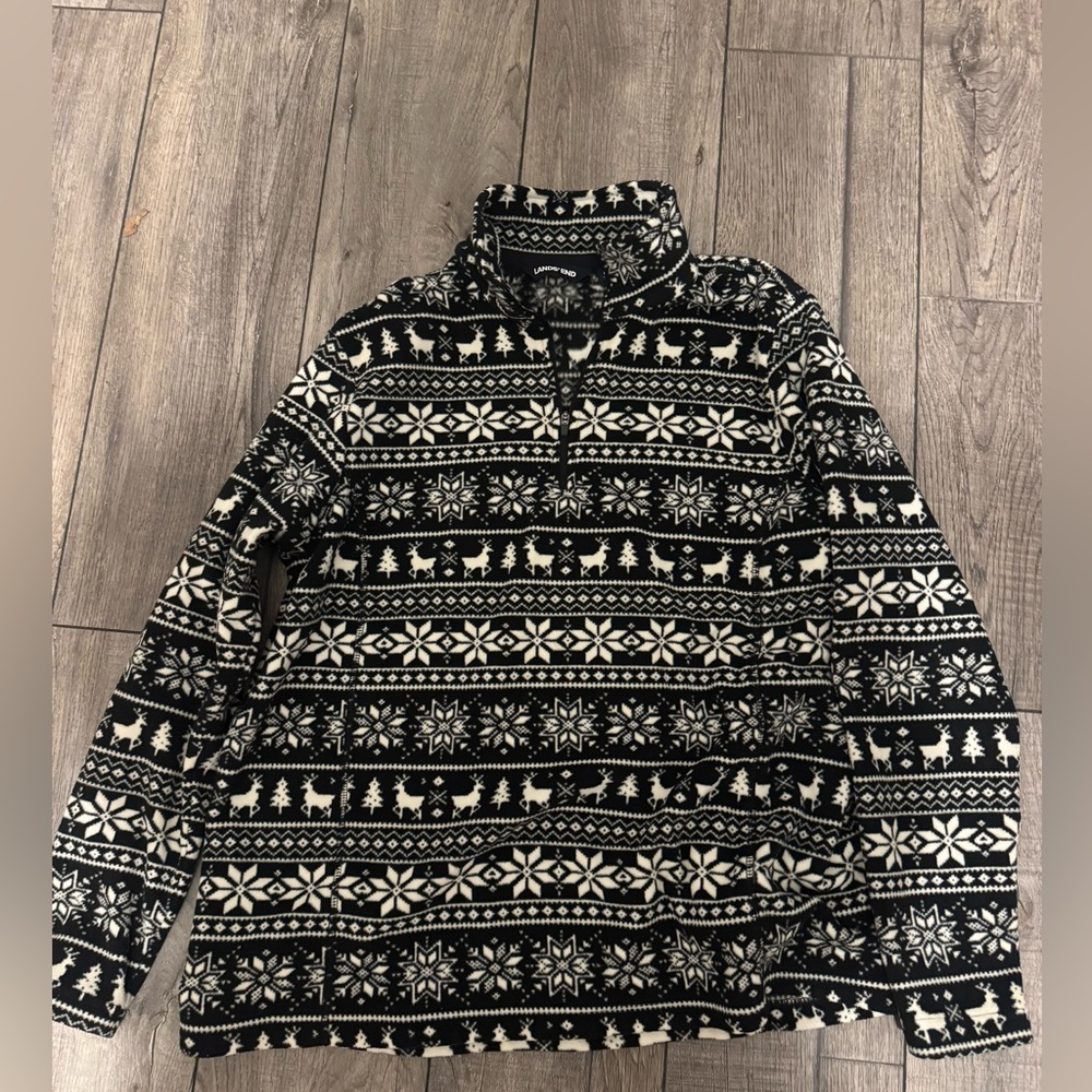 Lands' End Black and White Festive Zip-Up Sweater